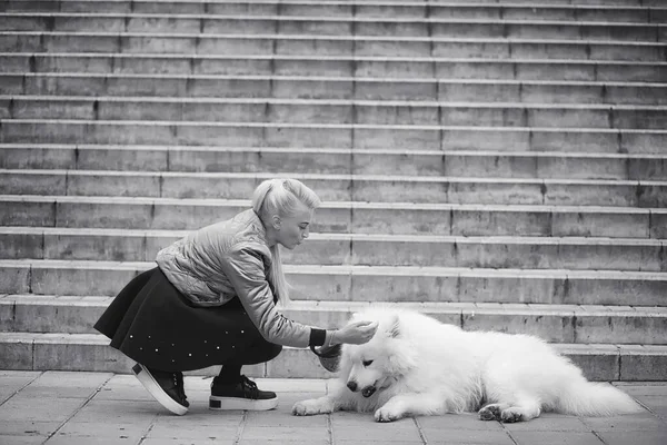 Menina encantadora em um passeio com um belo cão — Fotografia de Stock