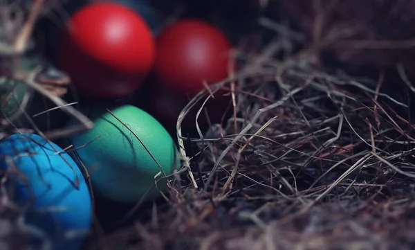 Easter painted eggs on burlap — Stock Photo, Image