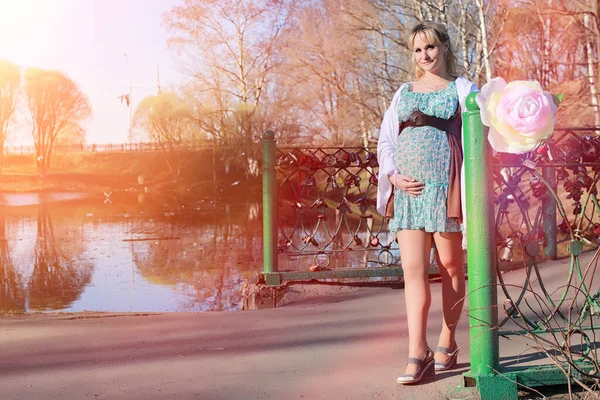 Chica embarazada en un paseo por el parque. Chica con vientre en la ci — Foto de Stock