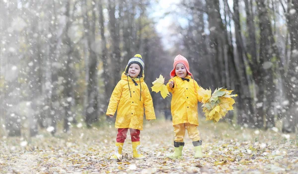 Petits enfants en promenade dans le parc d'automne. Premier gel et le premier — Photo