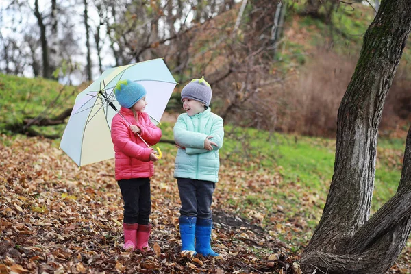 Les enfants marchent dans le parc d'automne — Photo