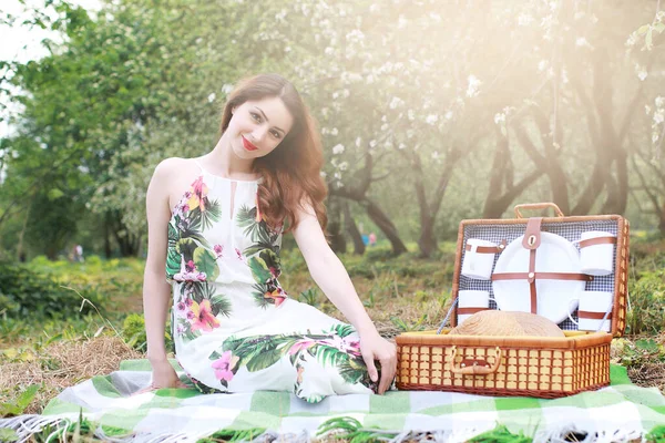 Chica en un picnic en el huerto de manzanas con cesta de productos —  Fotos de Stock