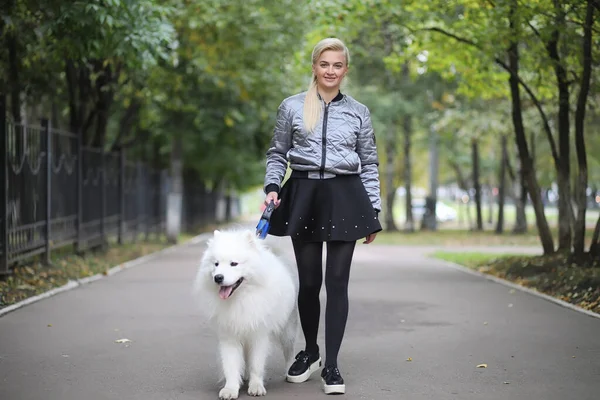 Lovely girl on a walk with a beautiful dog — Stock Photo, Image