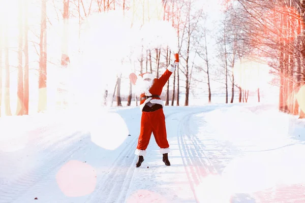 Santa en el campo de invierno. Santa niebla mágica está caminando a lo largo de th —  Fotos de Stock