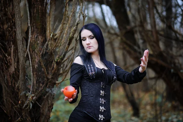 A woman in a witch suit in a forest — Stock Photo, Image