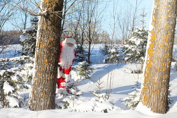 Santa Claus viene con regalos del exterior. Santa en un su rojo — Foto de Stock