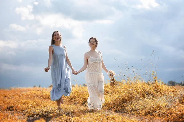 Twee meisjes in jurken in najaar veld — Stockfoto