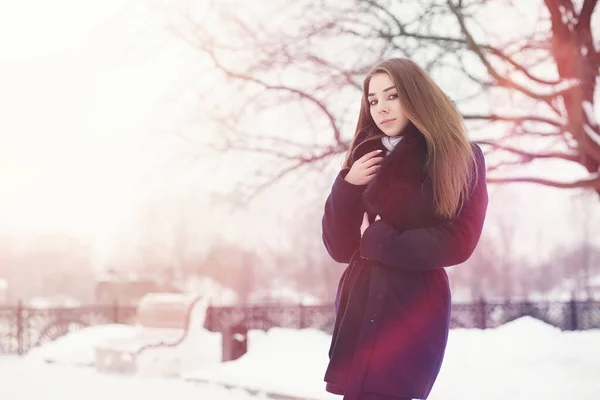 Une jeune fille dans un parc d'hiver en promenade. Vacances de Noël en t — Photo