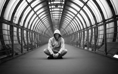 Siyah beyaz kapüşonlu adam.