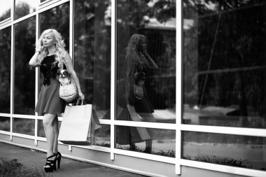 Küçük köpekli güzel sarışın.