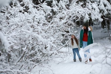Genç bir aile yürüyüşe çıktı. Anne ve kızı şarapla yürüyorlar.