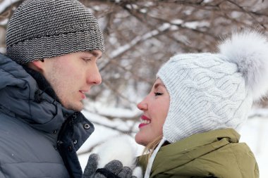 Aşıklar kış parkında yürüyor 