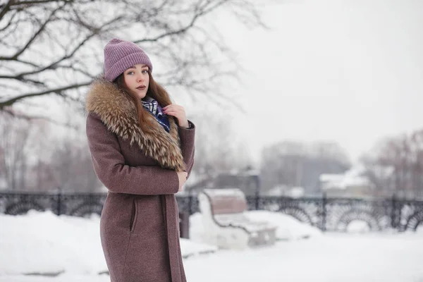 Een jong meisje in een winter park op een wandeling. Kerstvakantie in t — Stockfoto