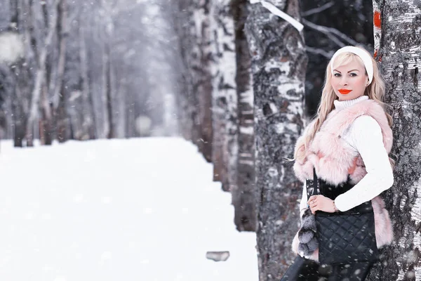 Dia nevado menina loira em um passeio em um parque de inverno — Fotografia de Stock
