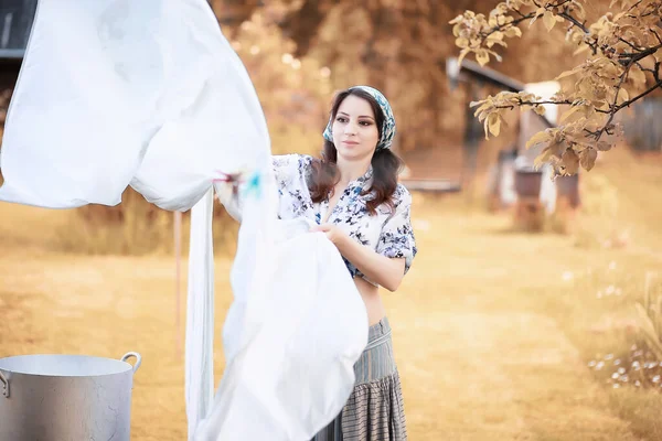 Pregnant Woman Hanging Sheets Rope Drying — Stock Photo, Image