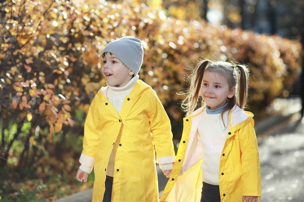 Les enfants marchent dans le parc d'automne — Photo