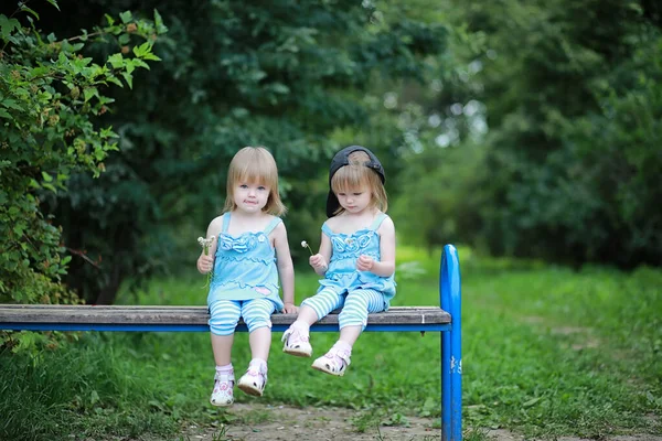 Två Tvillingflickor Promenad Parken — Stockfoto