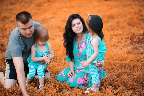 Familia Con Dos Hijas Gemelas Para Pasear Por Parque — Foto de Stock
