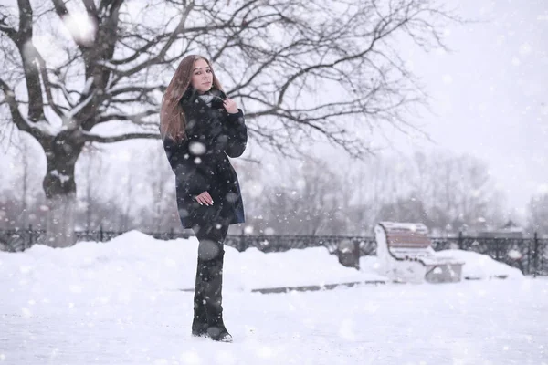 Menina em um parque de inverno na queda de neve — Fotografia de Stock