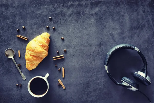 Fresh pastries on the table. French flavored croissant. — ストック写真
