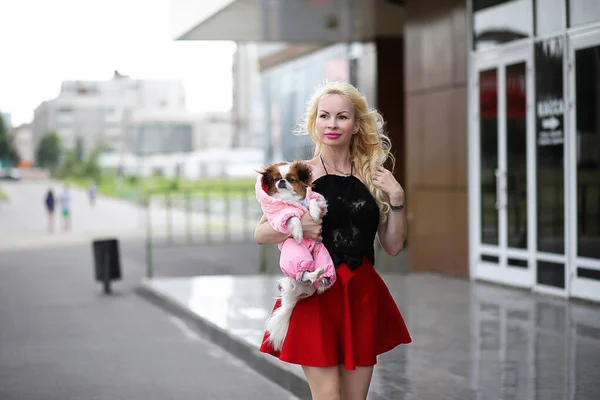 Beautiful young blonde with little dog — Stock Photo, Image