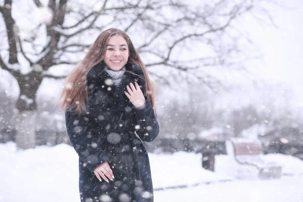 在雪地里的冬季公园里的女孩 — 图库照片