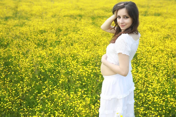 Pregnant Woman Dress Field Flowers — Stock Photo, Image