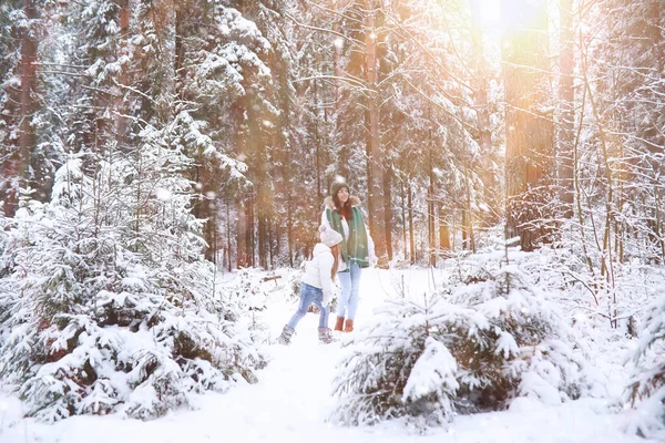 Una familia joven para dar un paseo. Mamá y su hija están caminando en un winte — Foto de Stock