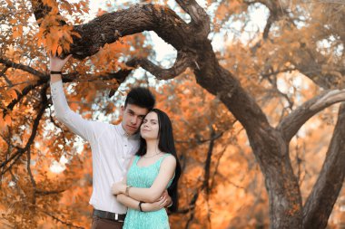 Genç sonbahar Parkta yürümek çift 