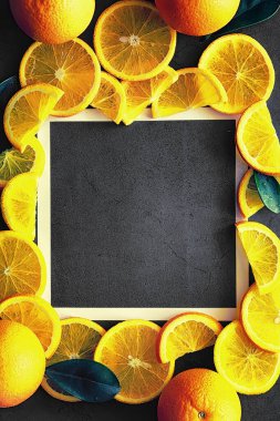 Taş bir masada portakal turunçgil meyvesi. Turuncu arkaplan.