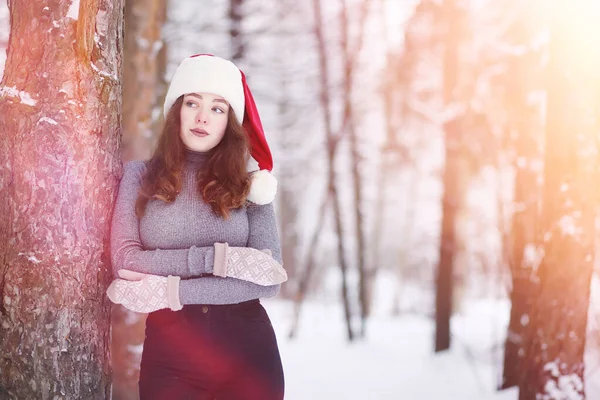 Una joven en un parque de invierno en un paseo. Vacaciones de Navidad en t — Foto de Stock