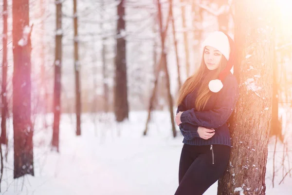 Una joven en un parque de invierno en un paseo. Vacaciones de Navidad en t —  Fotos de Stock