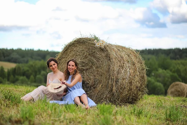 Twee meisjes in jurken in zomer veld — Stockfoto