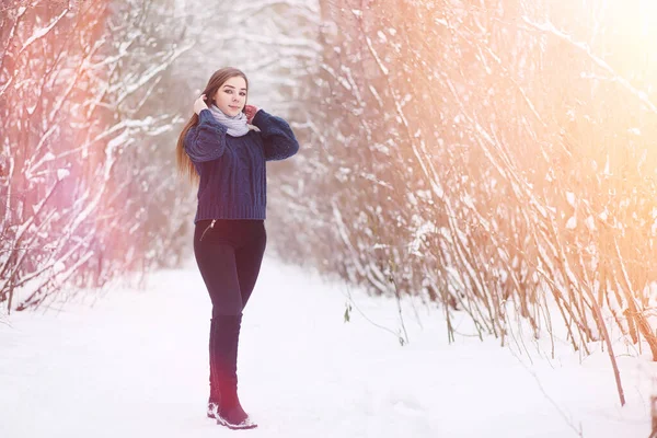 Uma menina em um parque de inverno em uma caminhada. Festas de Natal em t — Fotografia de Stock