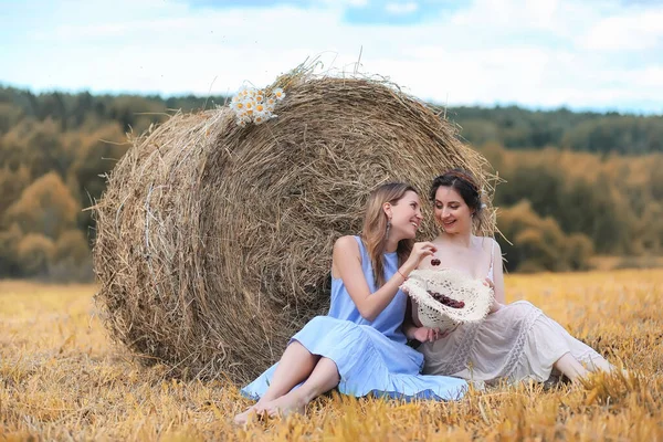 Dos chicas en vestidos en el campo de otoño — Foto de Stock
