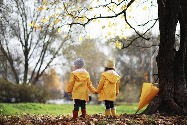 Los niños caminan en el parque de otoño — Foto de Stock