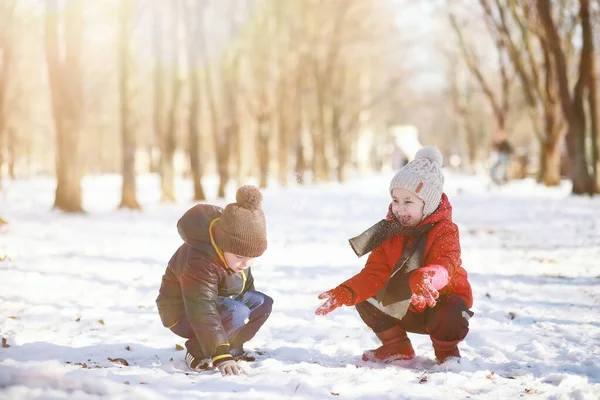 Niños Lindos Ropa Abrigo Jugando Parque Invierno — Foto de Stock