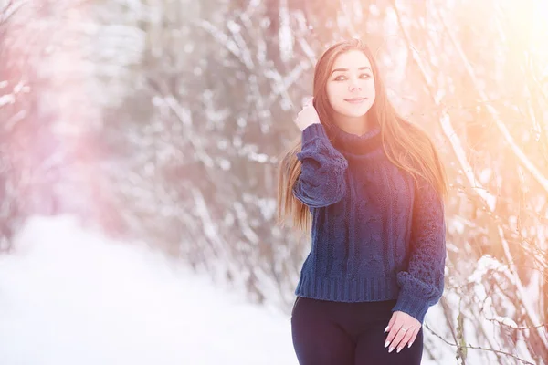 Una ragazza in un parco invernale a fare una passeggiata. Vacanze di Natale in t — Foto Stock