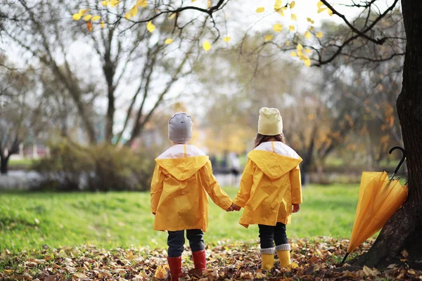 Les enfants marchent dans le parc d'automne — Photo