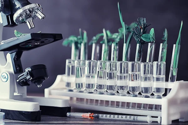 Mikroskop ve test bölümleri laboratuvardaki masanın üzerinde..