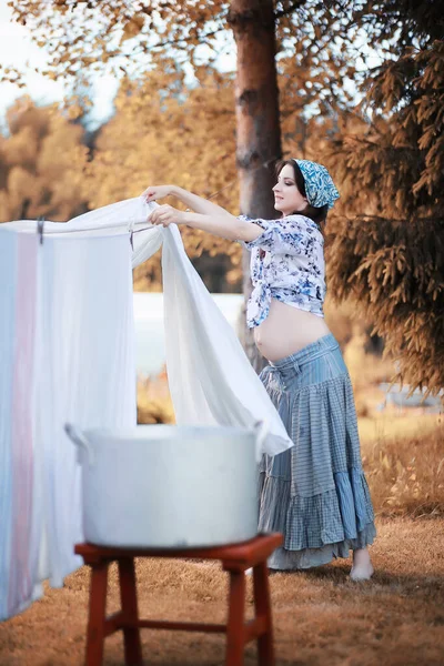 Pregnant Woman Hanging Sheets Rope Drying — Stock Photo, Image