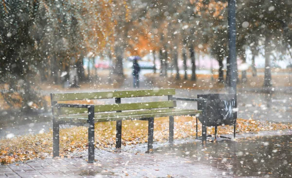 Podzimní park v prvním sněhu — Stock fotografie