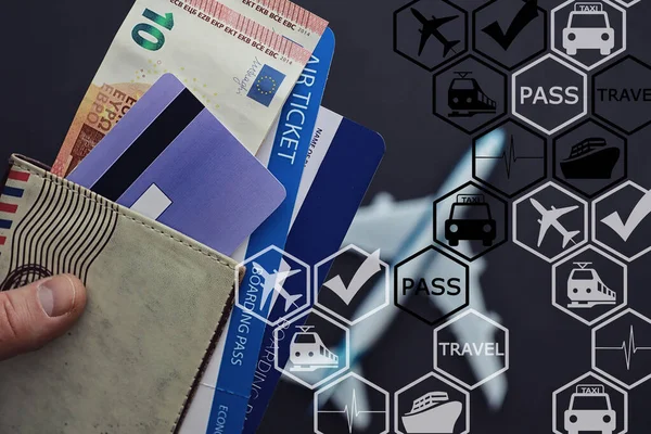 Air ticket and passport for flight plane. Travel concept. Ticket — Stock Photo, Image
