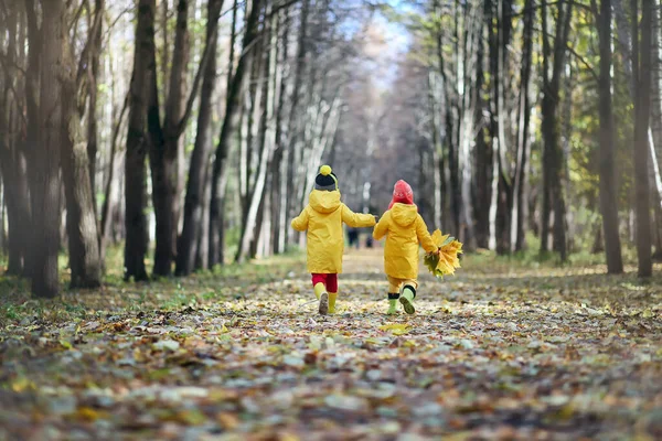 Les enfants marchent dans le parc d'automne — Photo