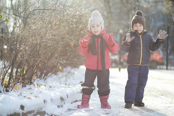 冬の公園で遊ぶ暖かい服のかわいい子供たち — ストック写真