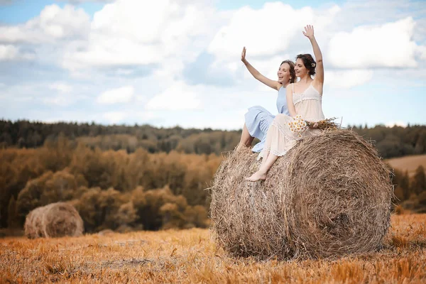 Twee meisjes in jurken in najaar veld — Stockfoto