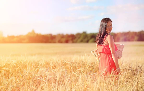 Ragazza in un campo di grano. Paesaggio estivo e una ragazza su un na — Foto Stock