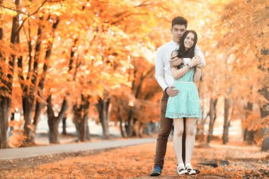 Genç sonbahar Parkta yürümek çift 