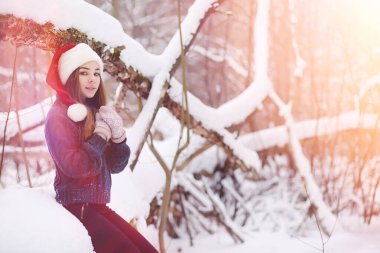 Genç bir kız bir kış parkta bir yürüyüş. Noel tatili t