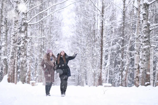 在雪地里的冬季公园里的女孩 — 图库照片